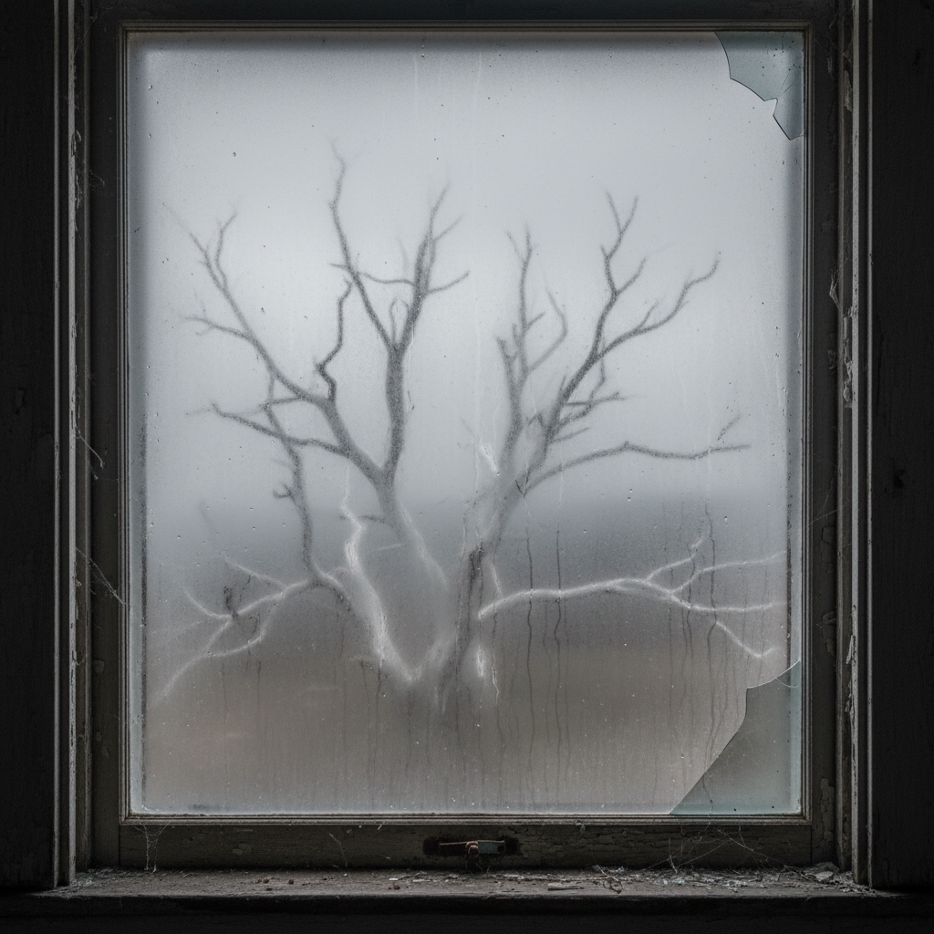 A close-up of a kitchen window in an abandoned house, the glass clouded with internal condensation, through which the di