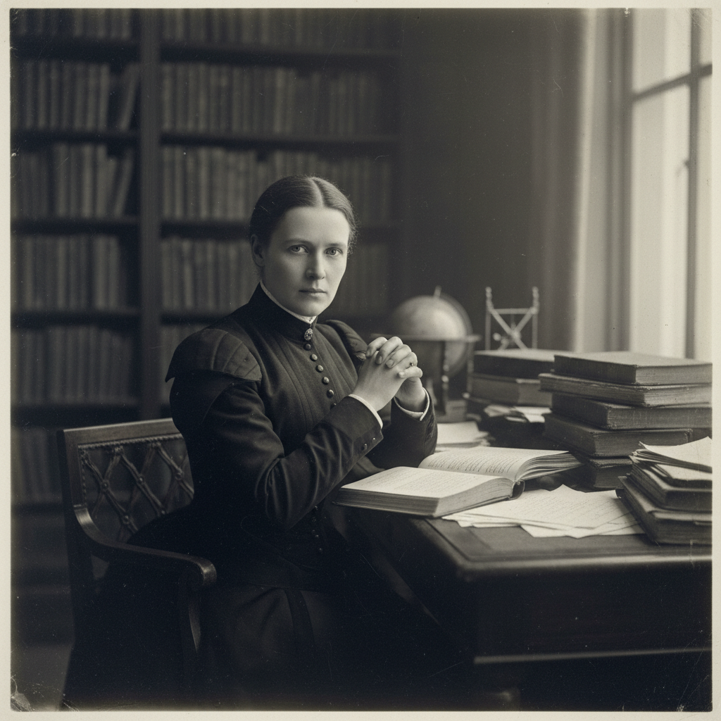 A portrait of Florence Nightingale, not as a soft nurse, but with a sharp, piercing gaze and hands folded firmly on a de