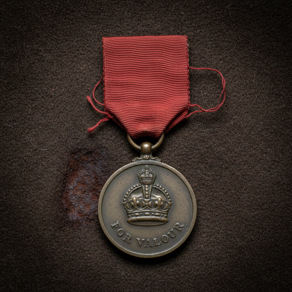 A close-up of a Victorian soldier’s medal, the Victoria Cross, the bronze dull and the crimson ribbon frayed, resting on