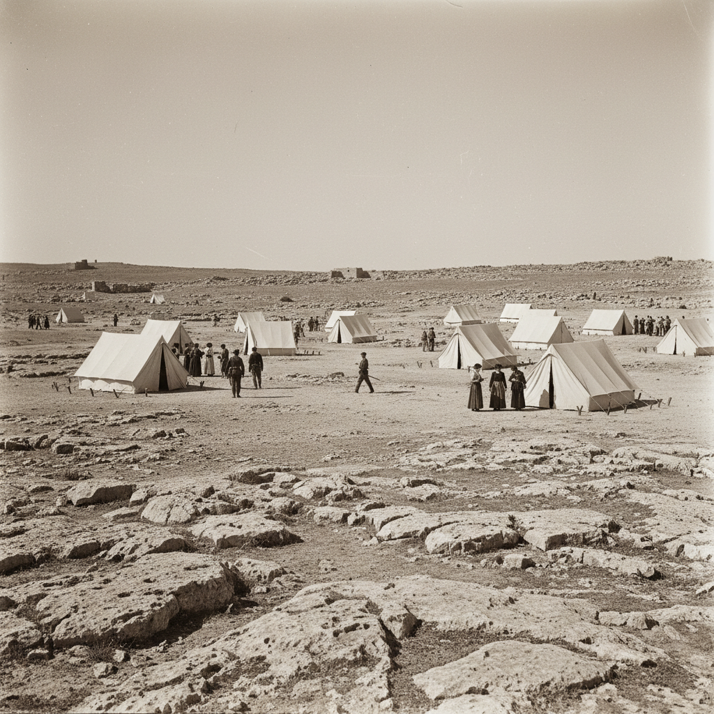 A sepia-toned landscape of the Chersonese plateau, dotted with white tents and the stark, rocky terrain of the Crimea.