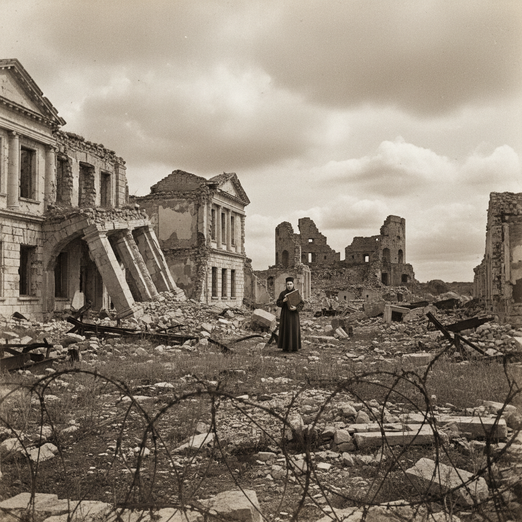 A wide-angle shot of the ruins of Sevastopol, showing collapsed stone facades, skeletal remains of once-grand port city 