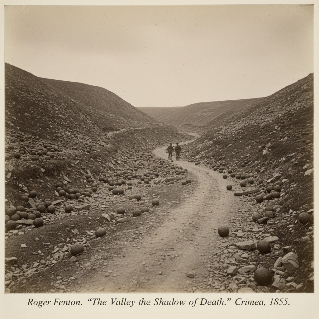 Roger Fenton’s famous photograph 'The Valley of the Shadow of Death', showing a desolate ravine filled with round shot, 