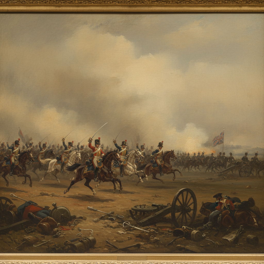 An oil painting of the Charge of the Light Brigade, showing the chaos of the smoke and the flash of sabers against the d