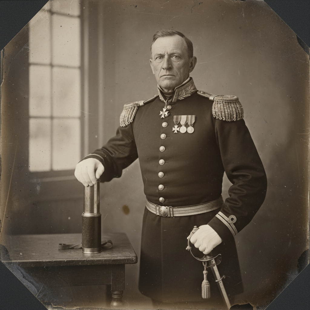A sepia-toned daguerreotype of Sir John Franklin, looking stern in his naval uniform with heavy gold epaulettes, his han