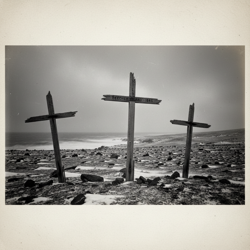 The desolate, wind-swept landscape of Beechey Island, showing the three lonely wooden grave markers against a gray sky.
