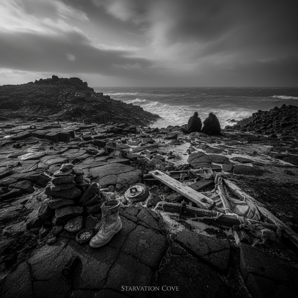 A stark, high-contrast photograph of "Starvation Cove," showing the dark, windswept stones where the final remnants of t