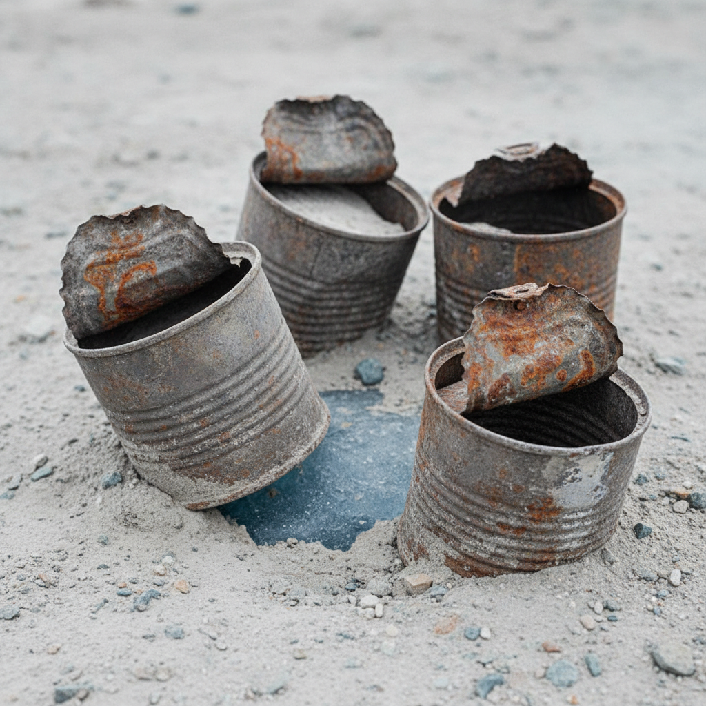 A cluster of rusted, distorted tin cans, their lids jagged and peeling, half-submerged in the gray Arctic silt.
