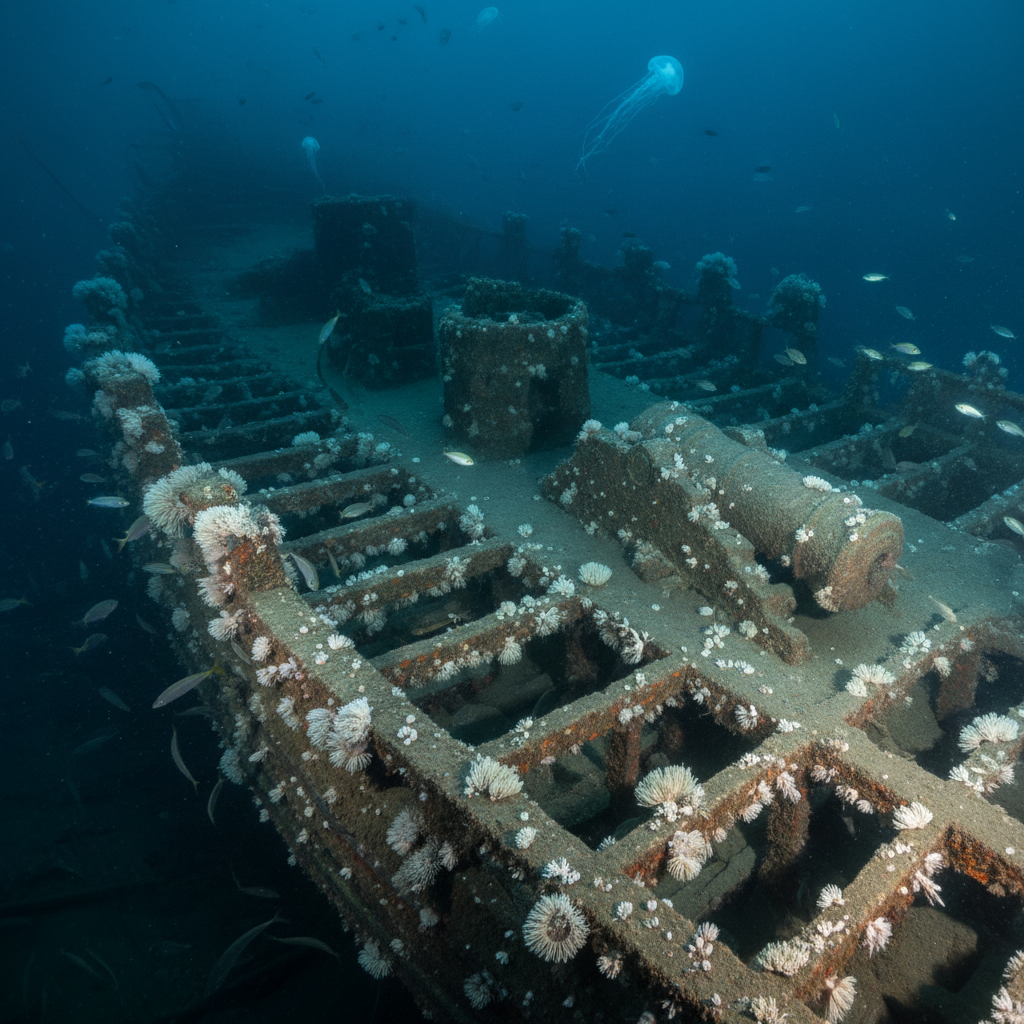 A haunting underwater image of the HMS Erebus, its wooden deck beams encrusted with ghostly white anemones, a single can