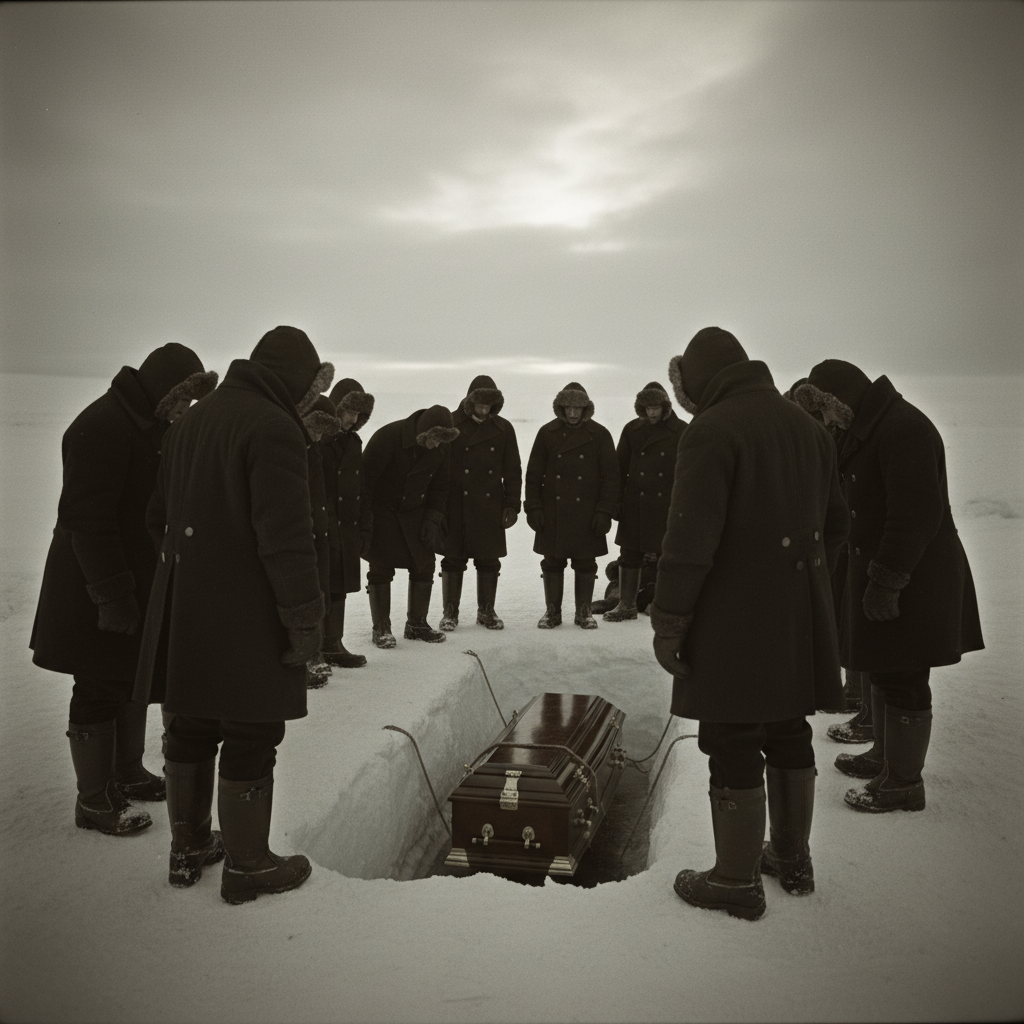 A reconstruction of the burial of John Torrington, the crew huddled in thick wool coats as they lower a polished wooden 