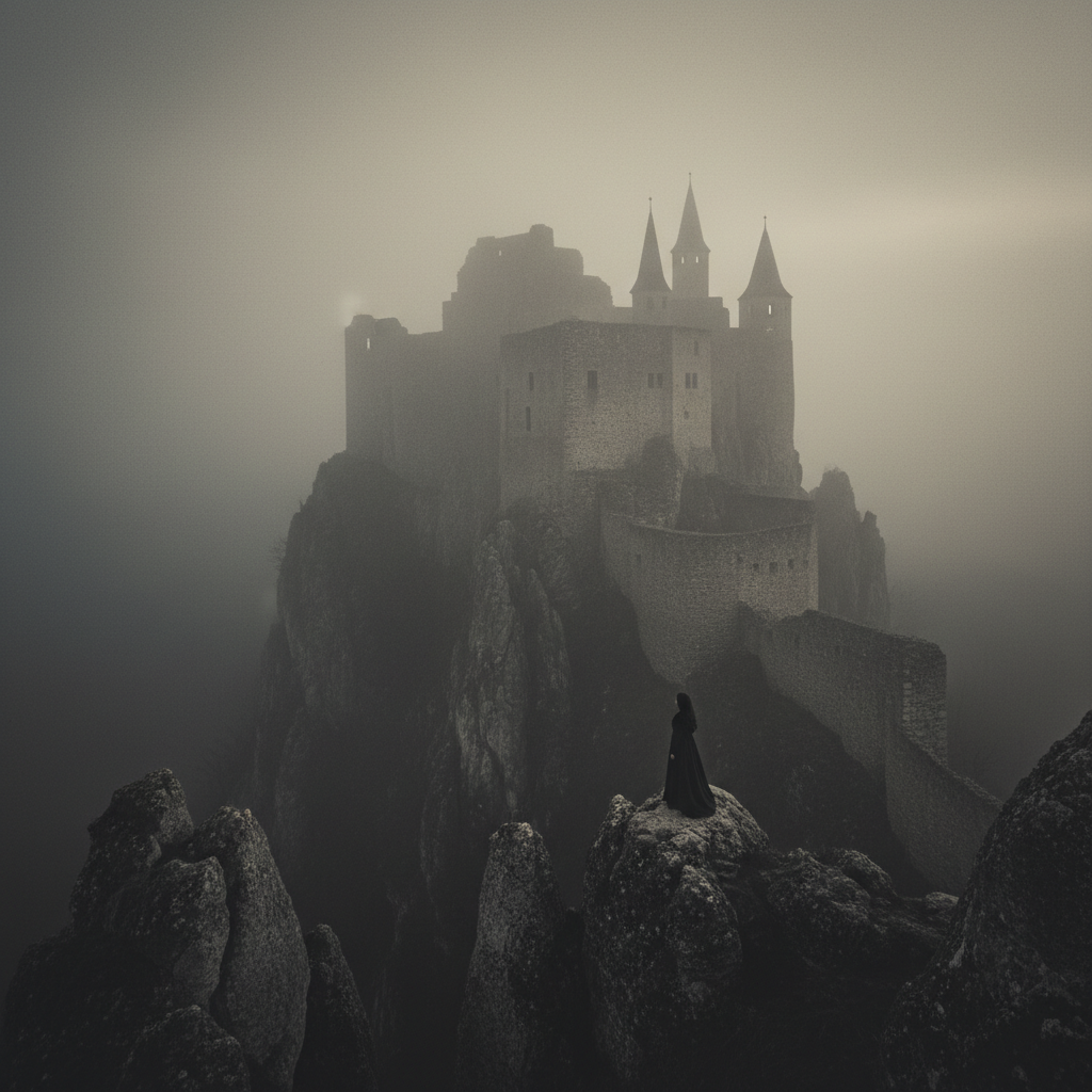 A sweeping, cinematic shot of Csejte Castle perched on a jagged limestone cliff, shrouded in thick grey mist and evening