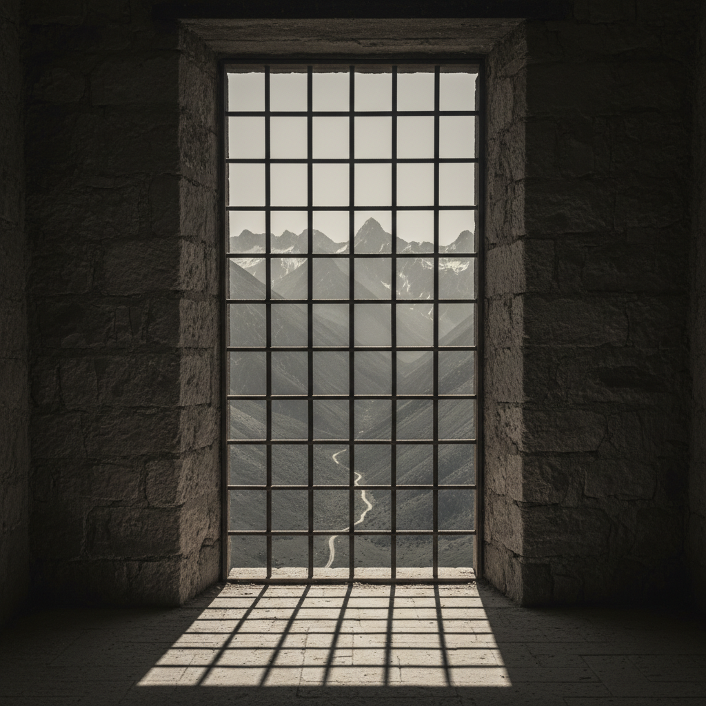 A single, high window with heavy iron bars, looking out onto a bleak, grey mountain horizon.