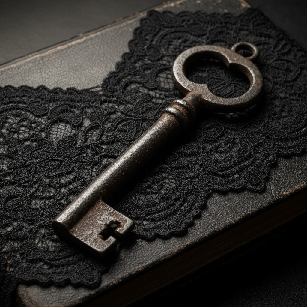 A close-up of a heavy iron key resting on a piece of ornate black lace, the metal pitted with age and oxidation.