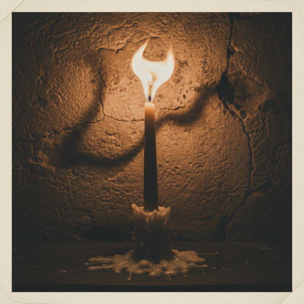 A tall, flickering taper candle casting long, distorted shadows against a rough stone wall, wax dripping like tears.