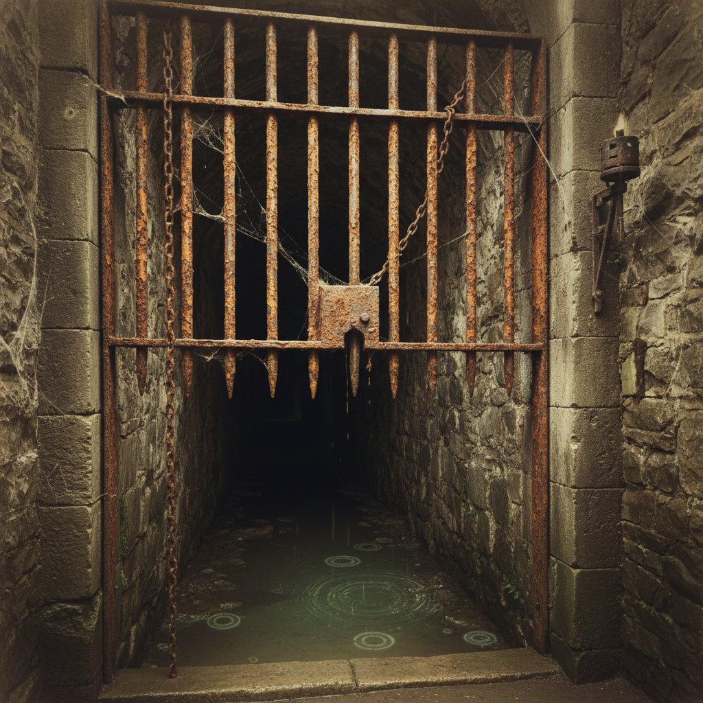 A heavy, rusted iron portcullis partially raised, revealing a dark, damp stone tunnel beyond.