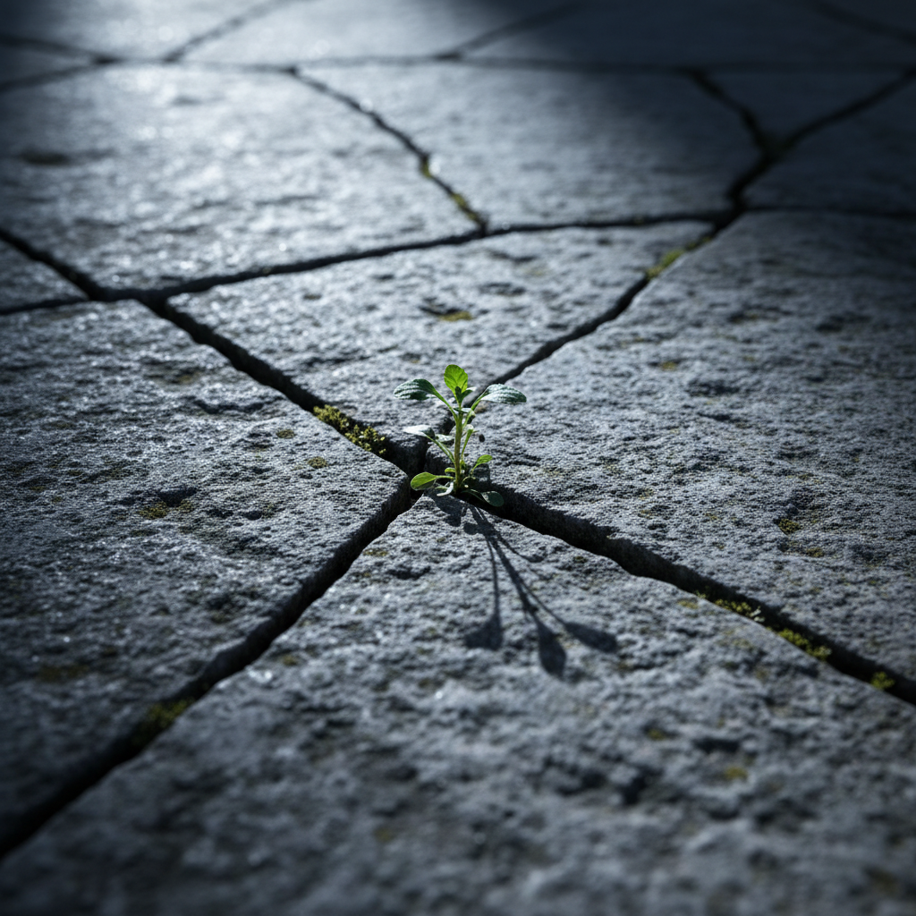 A close-up of a cracked stone floor, a small green weed growing through the fissure, bathed in a harsh, cold light.