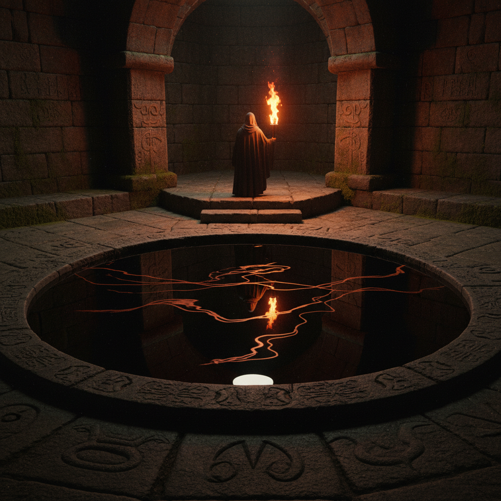 A pool of dark, viscous liquid reflecting the dim light of a torch, the surface perfectly still and glass-like.