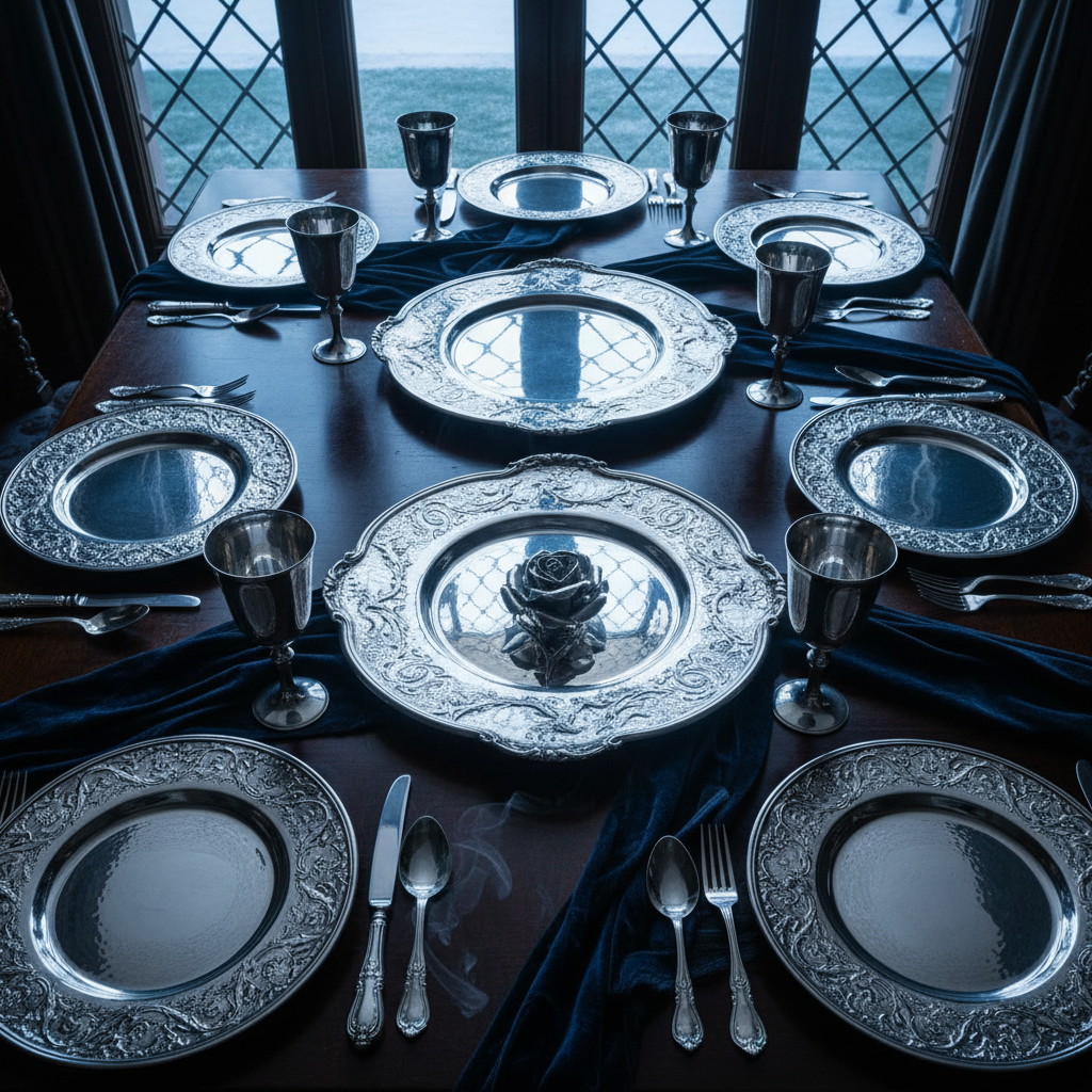An overhead shot of an ornate silver dinner service, the plates empty, reflecting the cold, blue light of a winter morni