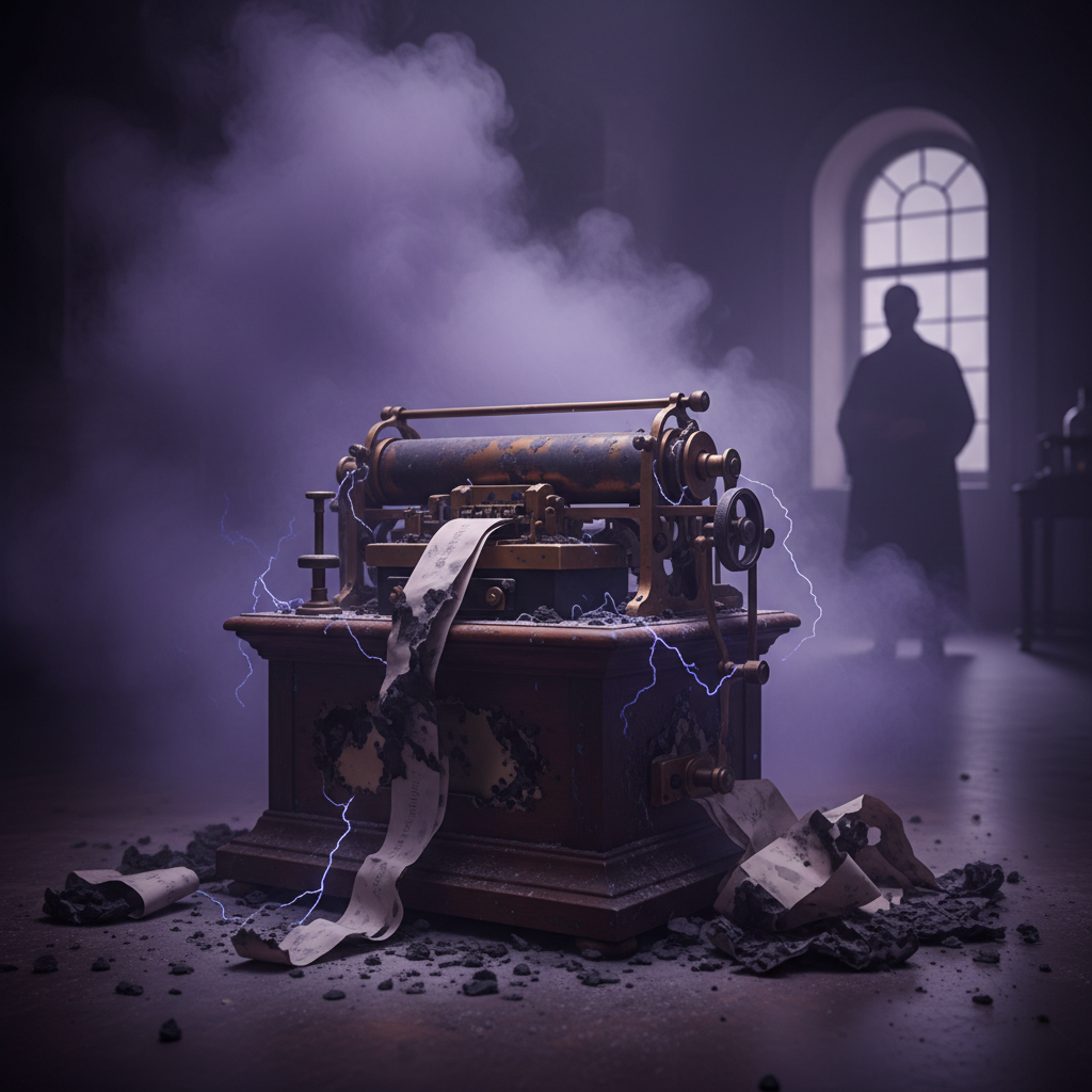 A vintage telegraph machine with charred paper tape and scorched brass components, sitting in a room filled with a thick