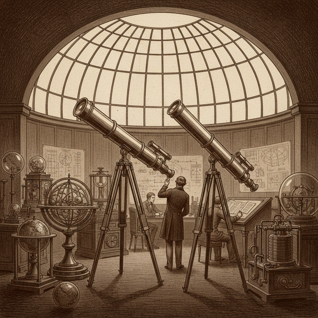A sepia-toned illustration of Richard Carrington’s private observatory at Redhill, brass telescopes gleaming under a col