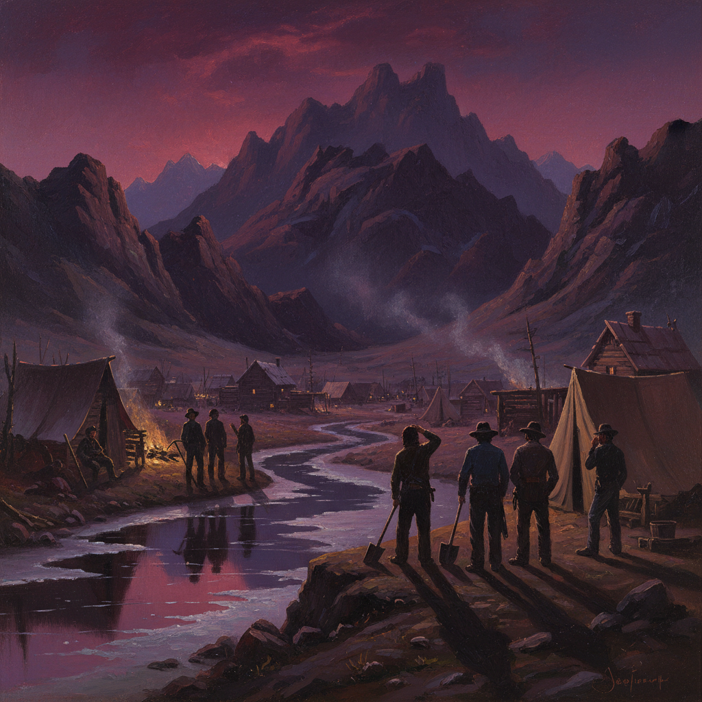 A dramatic painting of a 19th-century mining camp in the Rocky Mountains, the rugged peaks and canvas tents bathed in an