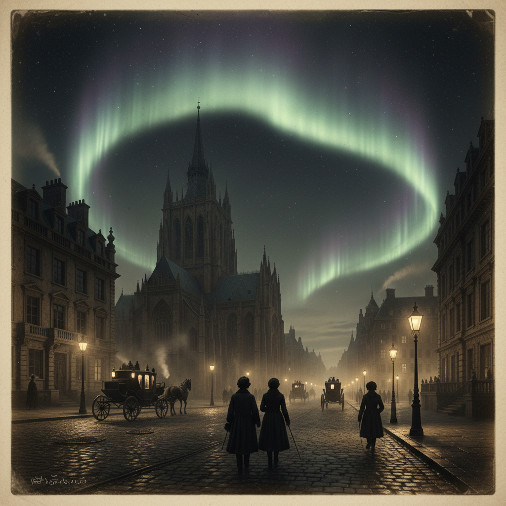 A wide-angle view of a 19th-century city street at night, illuminated by a towering, shimmering aurora that dwarfs the g