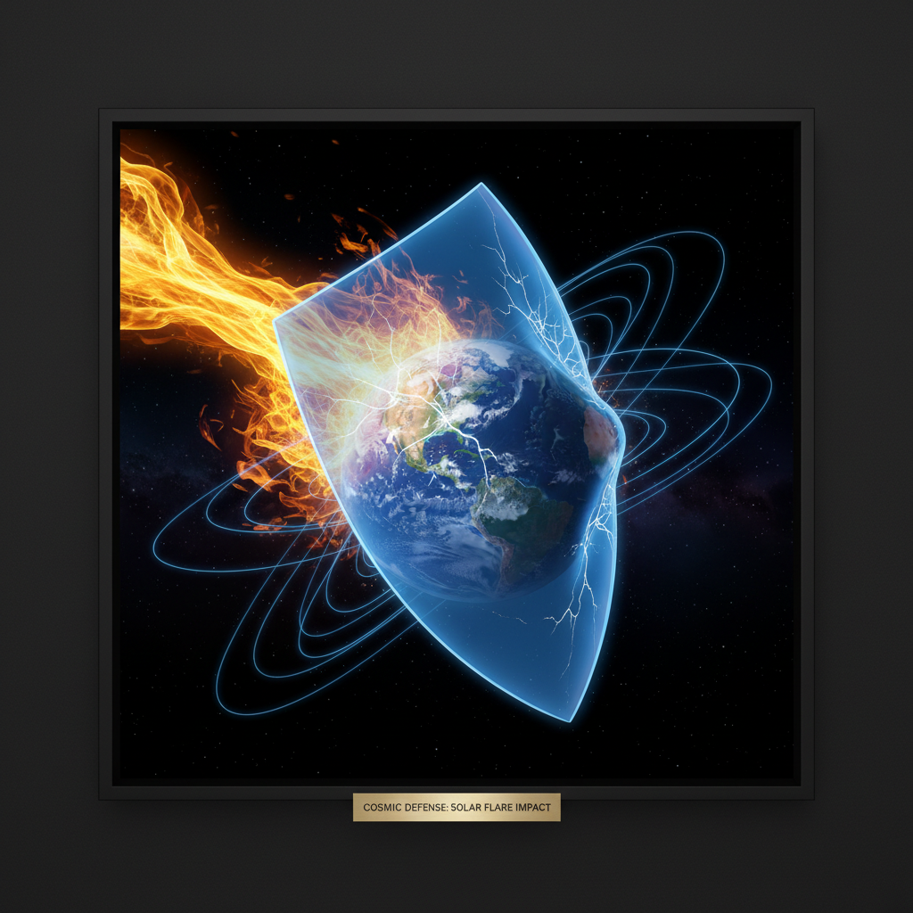 A conceptual illustration of the Earth’s magnetic field being struck by a wave of solar plasma, shown as a shimmering, b