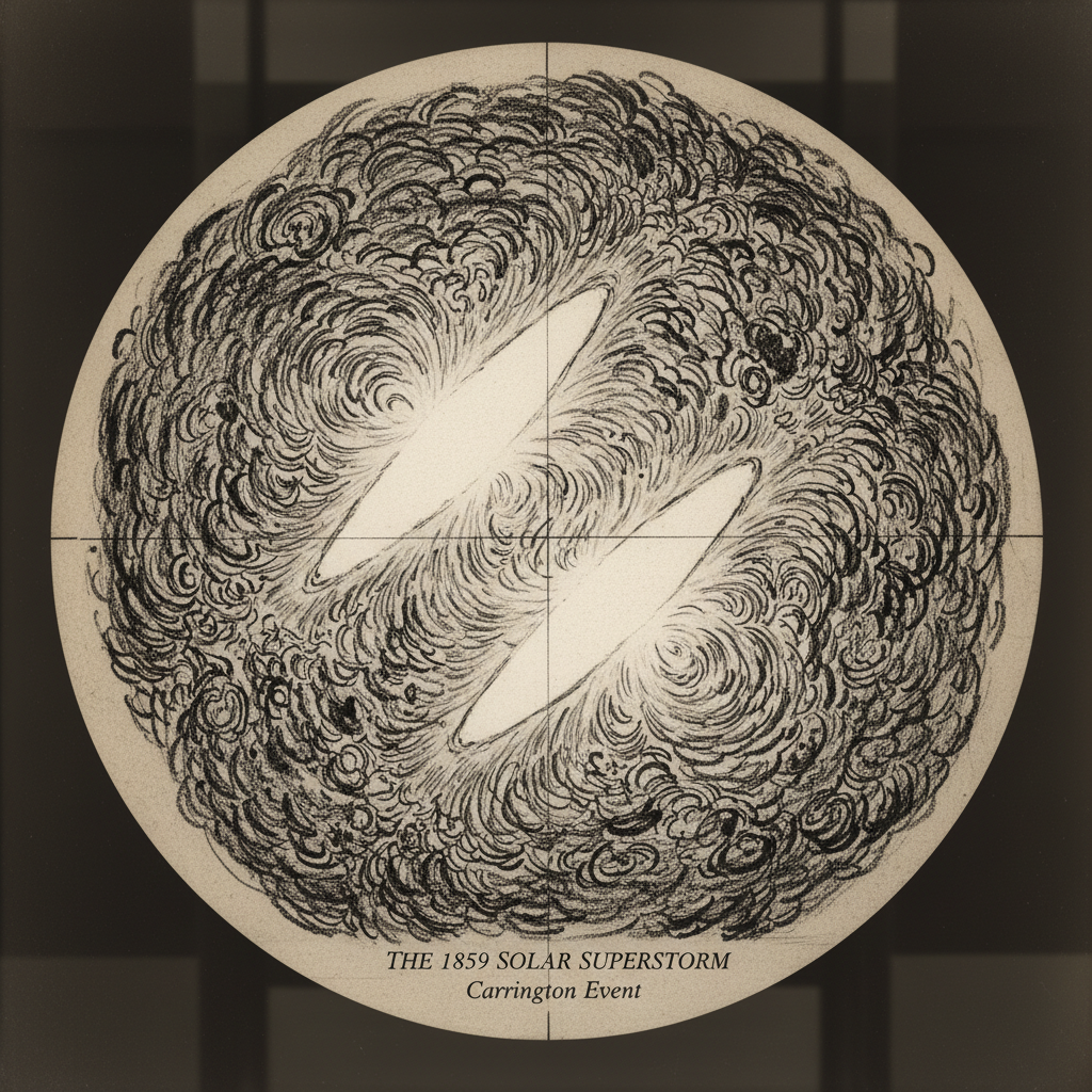 A detailed, high-contrast hand-drawn sketch of the 1859 sunspots, showing turbulent, ink-black swirls surrounding two bl