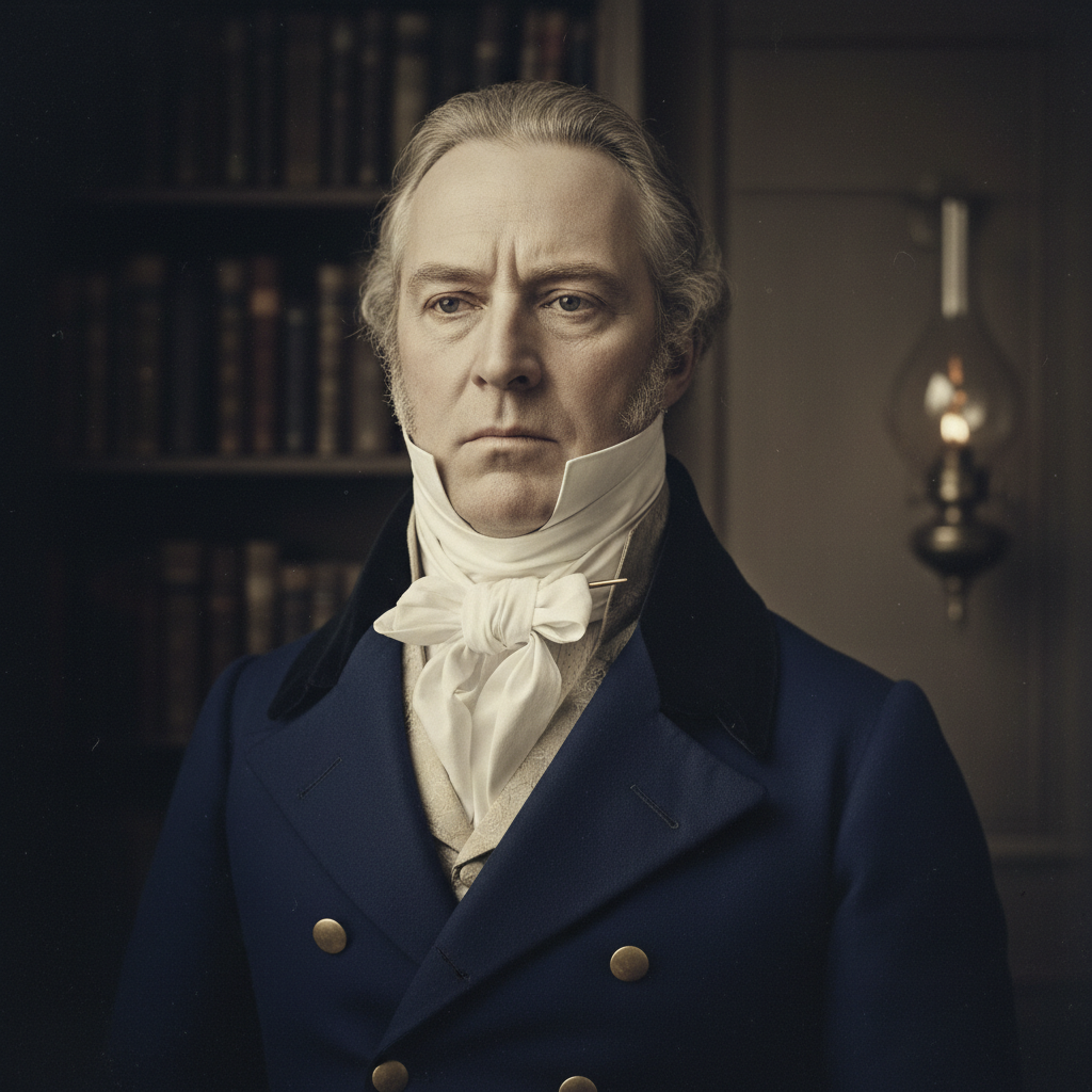 A portrait of Beau Brummell from the waist up, showing his high, stiff collar and perfectly knotted white cravat against