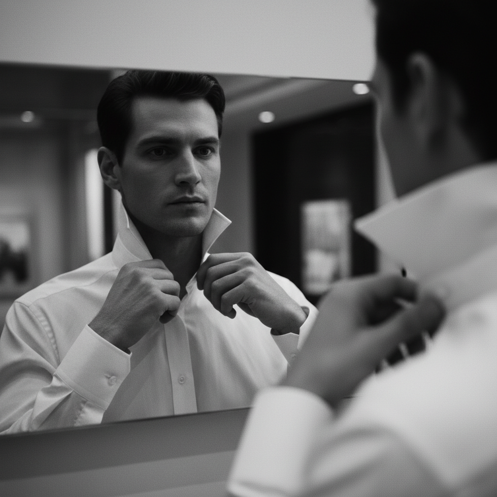 A modern, minimalist black-and-white close-up of a man’s hands adjusting a crisp, white collar in a mirror, the reflecti
