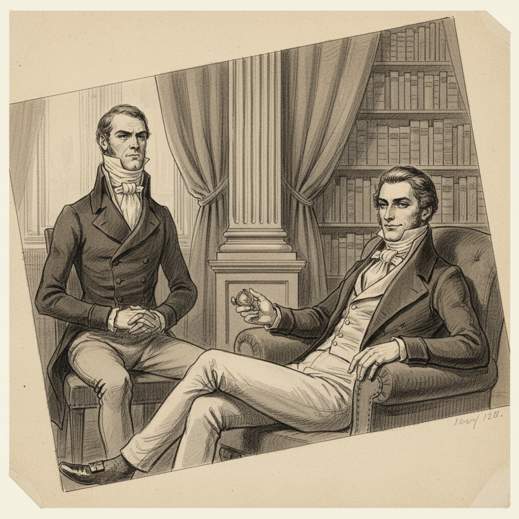 A sketch of two men in a Regency club; one is stiff and awkward in an over-starched collar, while the other - Brummell - lea