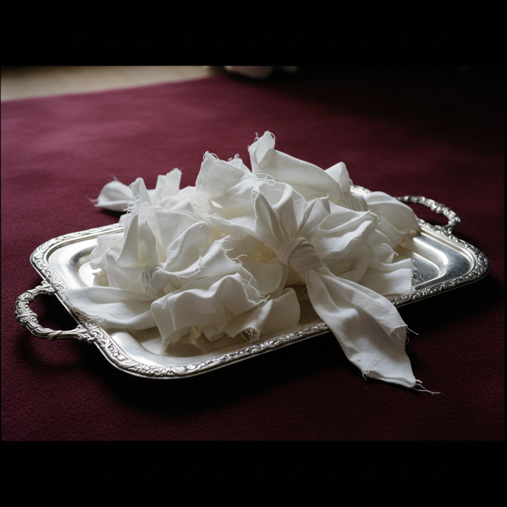 A close-up of a silver tray piled high with discarded, crumpled white linen cravats on a plush, dark carpet, the starch 