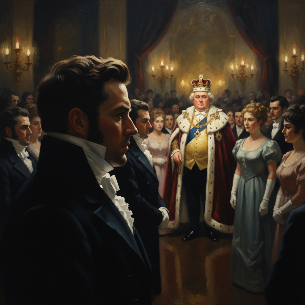 A dimly lit, atmospheric painting of a crowded Regency ballroom, the foreground occupied by a sharp, shadowed profile of
