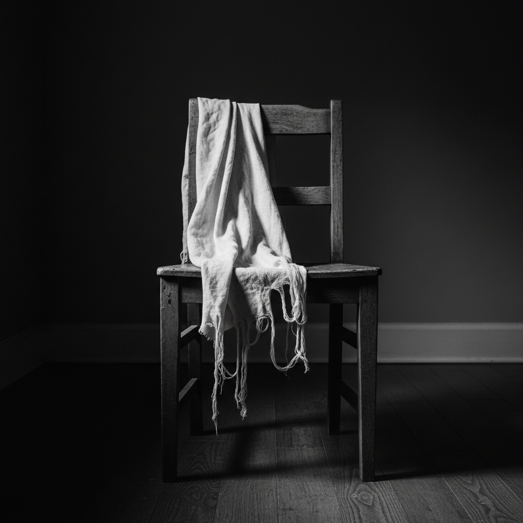A stark, high-contrast photograph of a single, frayed white linen strip draped over a rough wooden chair in a dark room,