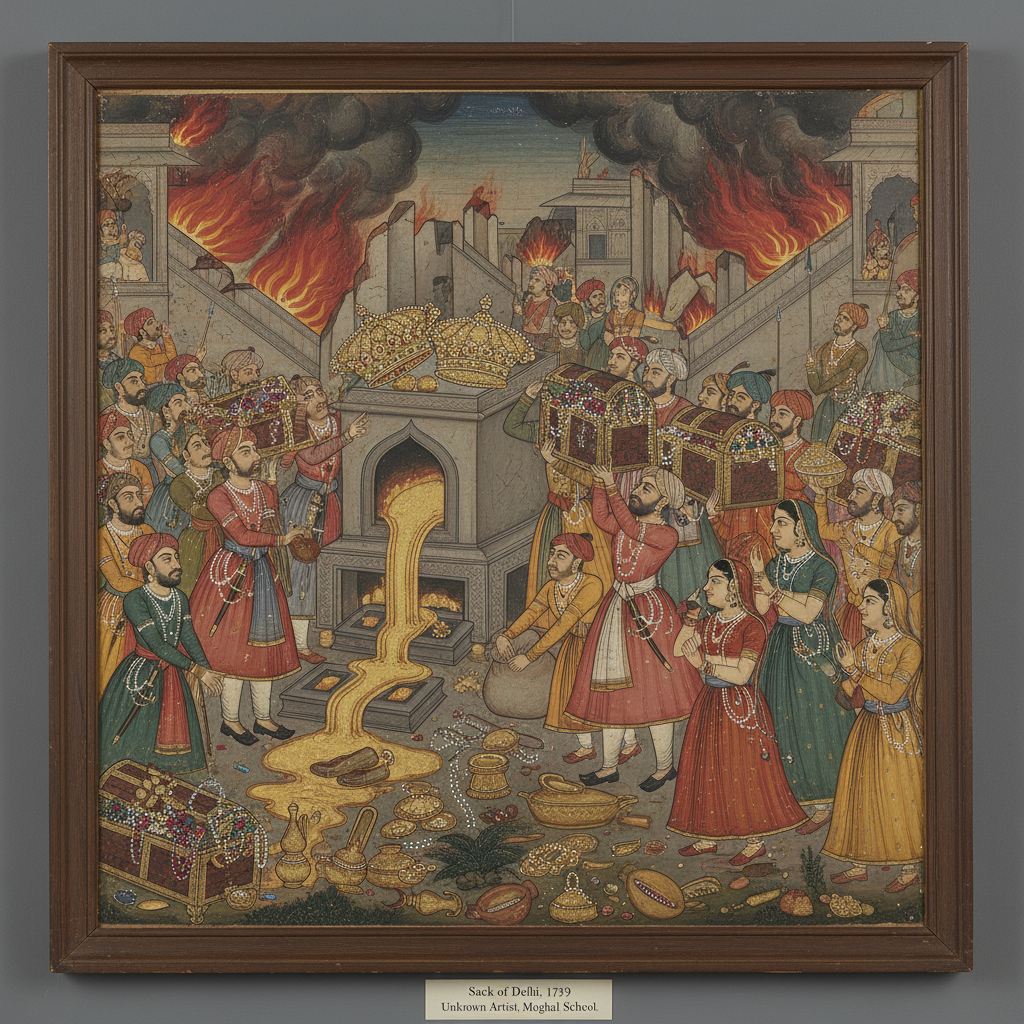 An 18th-century miniature painting showing the chaos of the Sack of Delhi, with gold being melted down and soldiers carr
