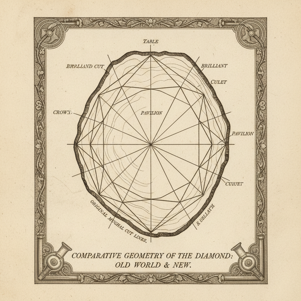 A technical diagram from the 1850s illustrating the "improved" brilliant-cut facets being superimposed over the original