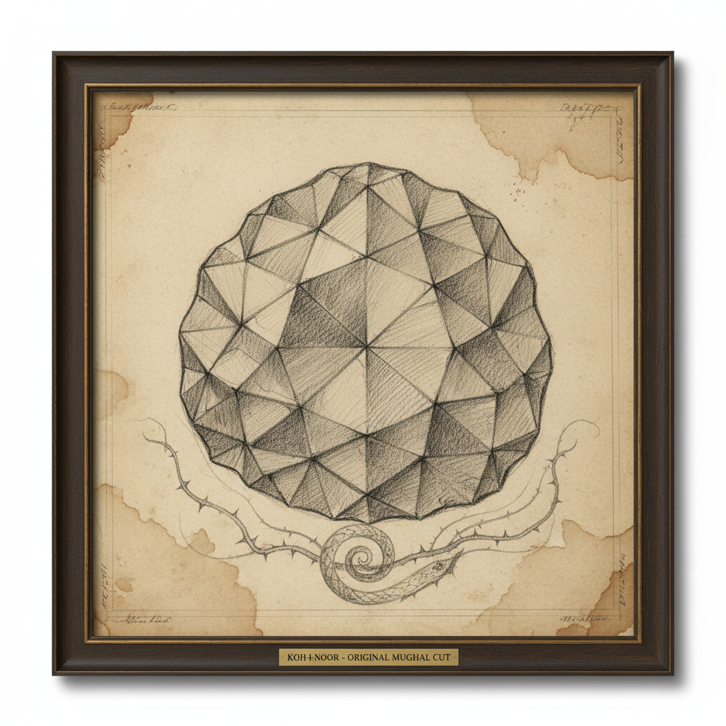 A detailed sketch of the Koh-i-Noor in its original Mughal "rose" cut, showing its irregular, organic shape before the B