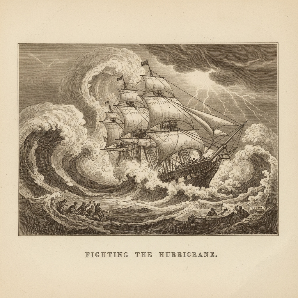 A Victorian-era engraving of the HMS Medea struggling through a violent storm, the waves towering over the masts.