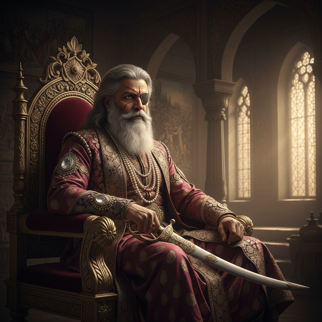 A portrait of Maharaja Ranjit Singh seated on a golden chair, his armlet prominently displaying the Koh-i-Noor, his one 