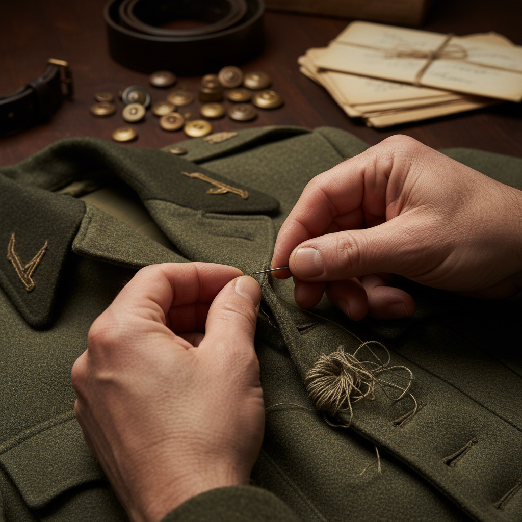 Close-up of a man’s hands delicately unpicking the seam of a military tunic with a small needle.