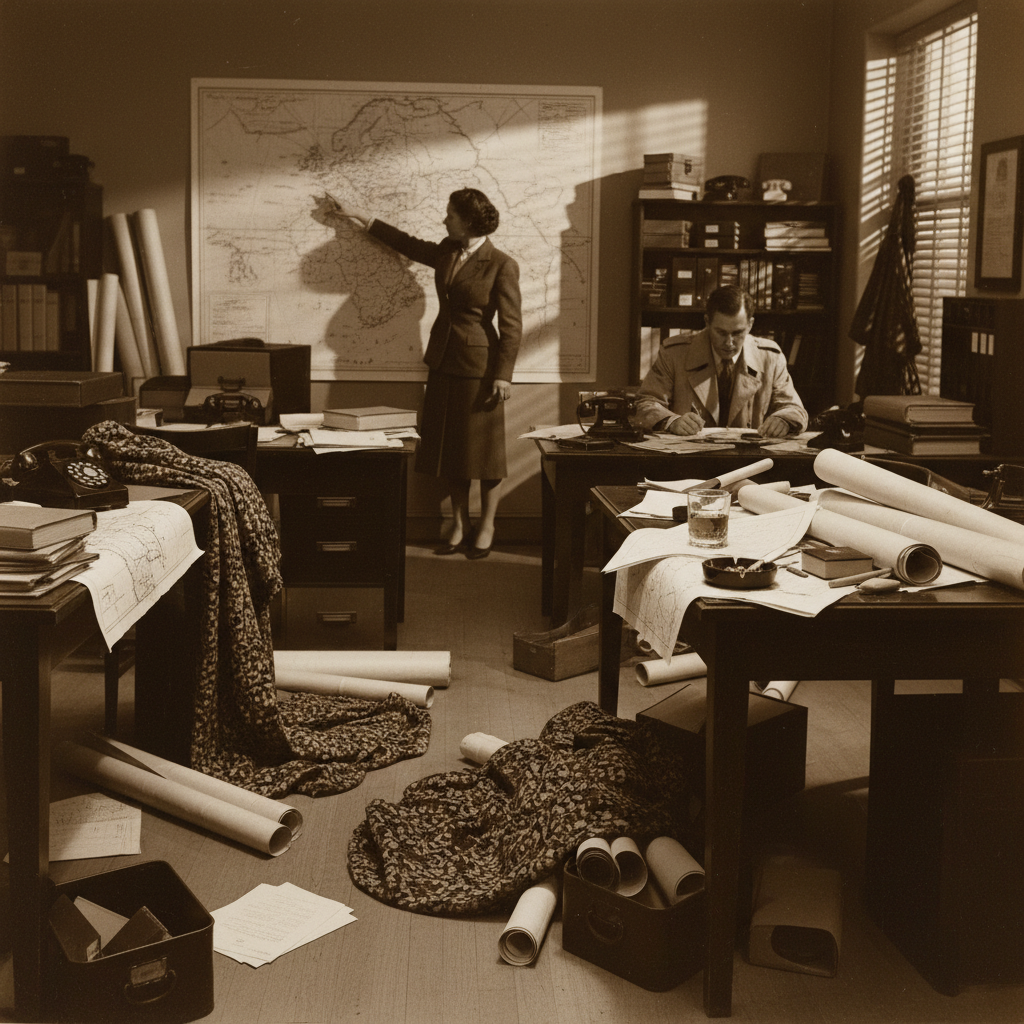 A sepia-toned photograph of a cluttered 1940s office, overflowing with maps, rolls of fabric, and a single half-empty gl