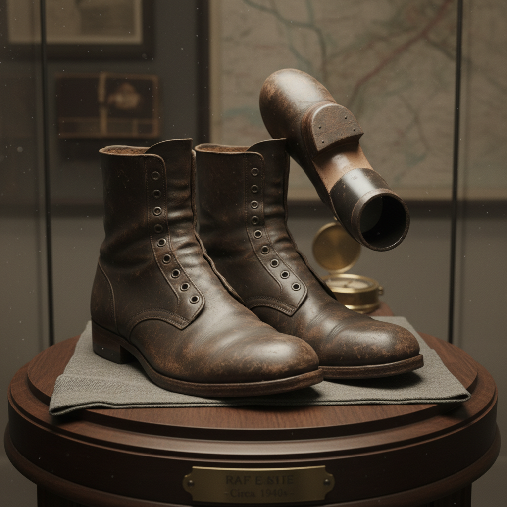 A pair of vintage British flight boots with the heels partially detached, revealing a small, hollow compartment.