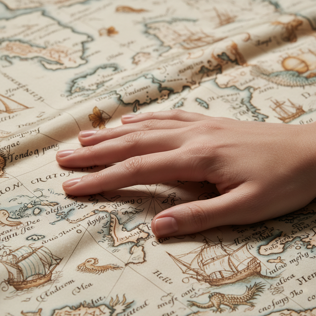 A modern hand touching a vintage silk map, the contrast between the skin and the fabric highlighting the texture.