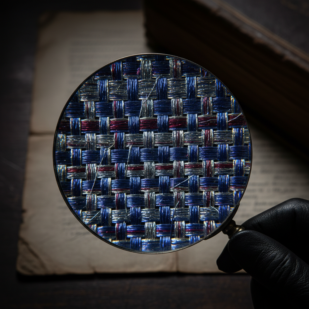 A macro shot of fine silk threads under a magnifying glass, showing the tight, luminous weave.