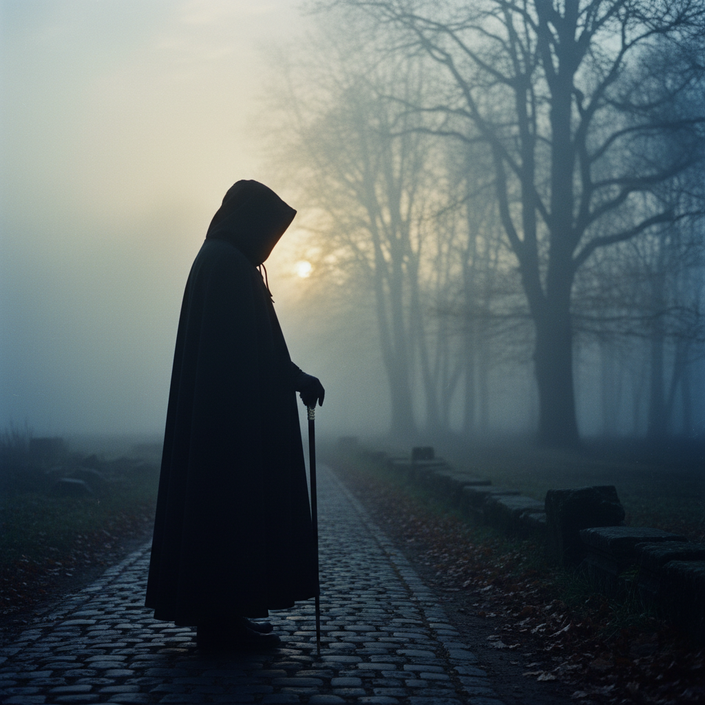 A lone figure silhouetted against a foggy European morning, the distant outline of a forest beckoning.