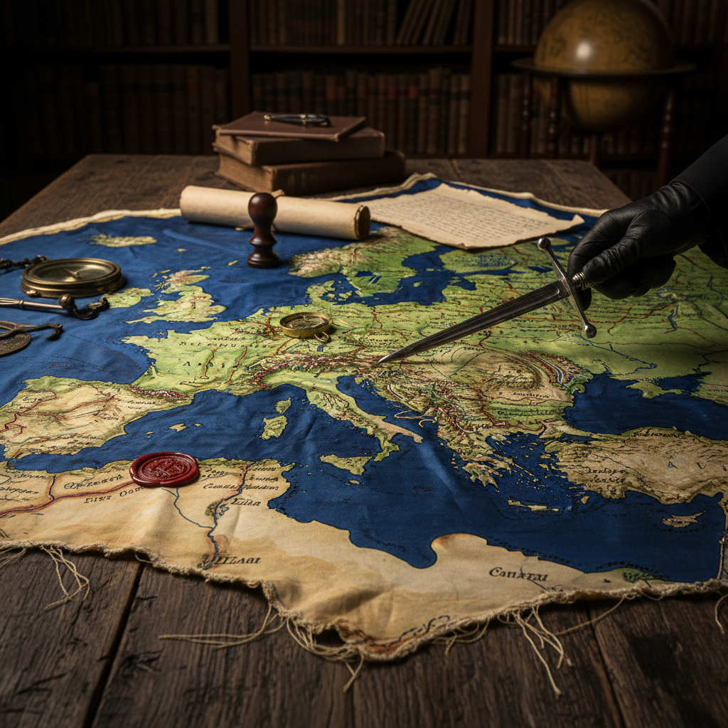 A sprawling silk map of Northern Europe laid out on a rough wooden table, its colors still vibrant against the grain.