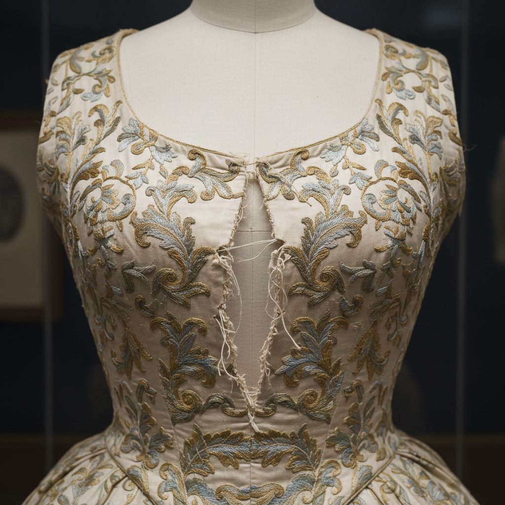 A close-up of a 1780s silk bodice, ivory-colored with intricate floral embroidery, showing a jagged vertical tear throug