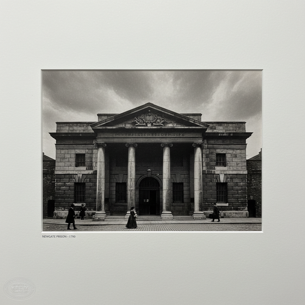 The heavy stone facade of Newgate Prison, dark and imposing under a gray London sky.