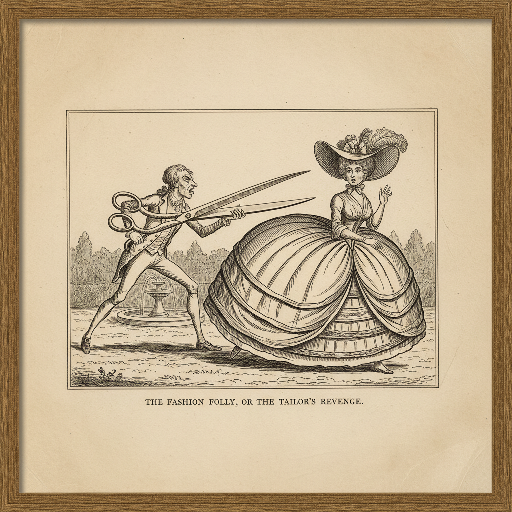 A satirical cartoon from 1790 depicting a man with a giant pair of scissors chasing a woman in an oversized hat and hoop