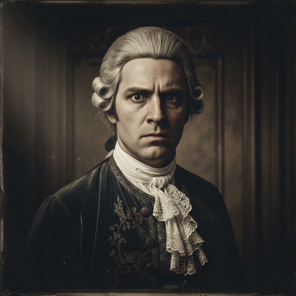 A portrait of a man in an 18th-century wig and cravat, his eyes shadowed, his expression a mixture of arrogance and terr