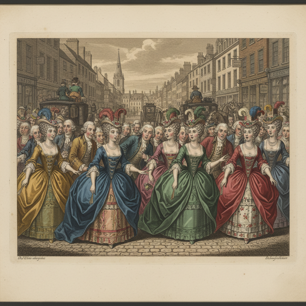 A hand-colored 18th-century engraving showing a crowded London street with women in wide silk dresses, their faces turne